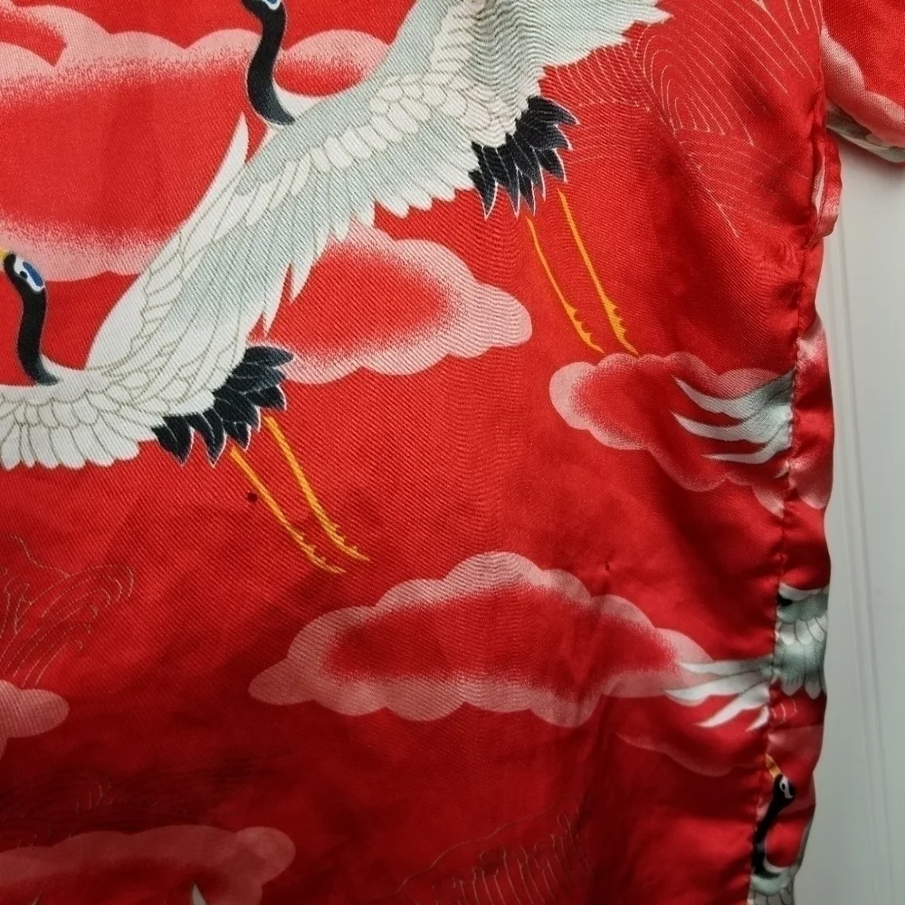 Vintage Kimono Robe Jacket Asian Bird Print Shiny Red White Clouds Missing Belt